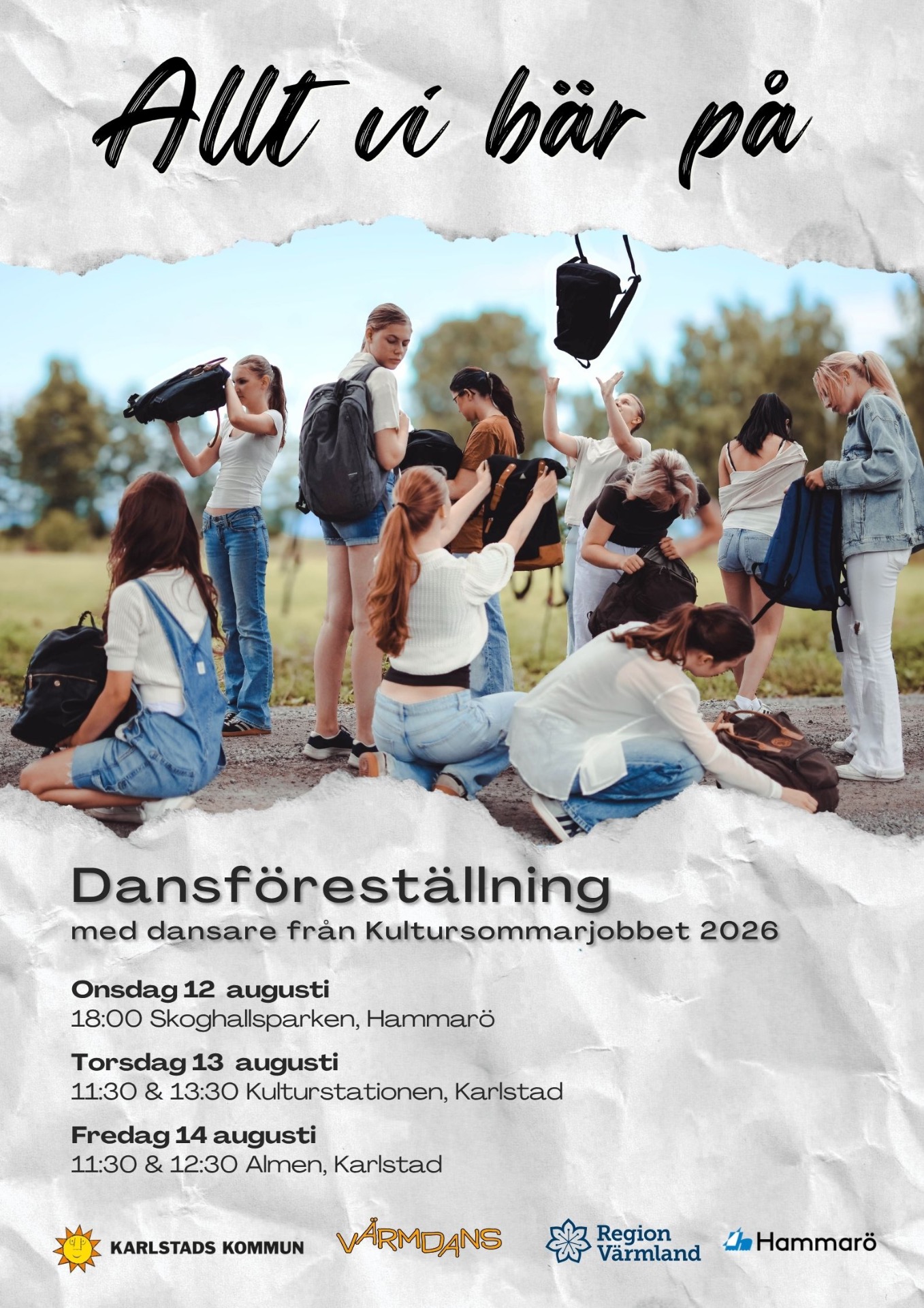 Under vecka 33 visar tio unga dansare visar föreställningen "Allt vi bär på" som de under tre veckor arbetat fram tillsammans med Sofia Wirzén och Linn Kvamme som lett årets Kultursommarjobb med dansinriktning i Karlstads och Hammarö kommun.